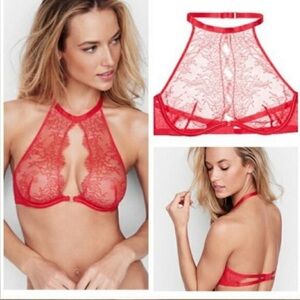 Victorias Secret | Women’s Chantilly Lace Unlined Halter Bra | Red